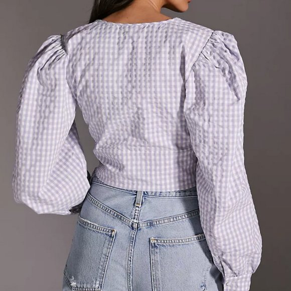 Gingham Puff Sleeve Crop Top - Picture 2 of 4
